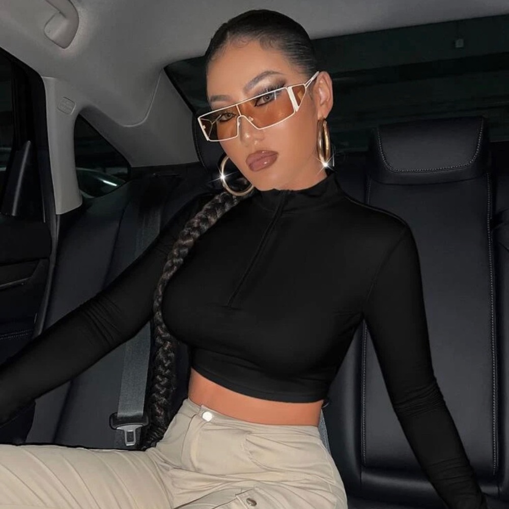 Mock Neck Half Zip Crop Top